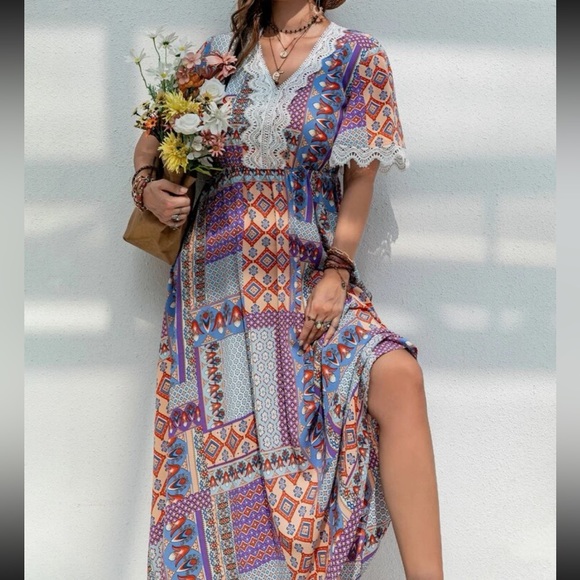Plus size boho patchwork print lace insert maxi dress